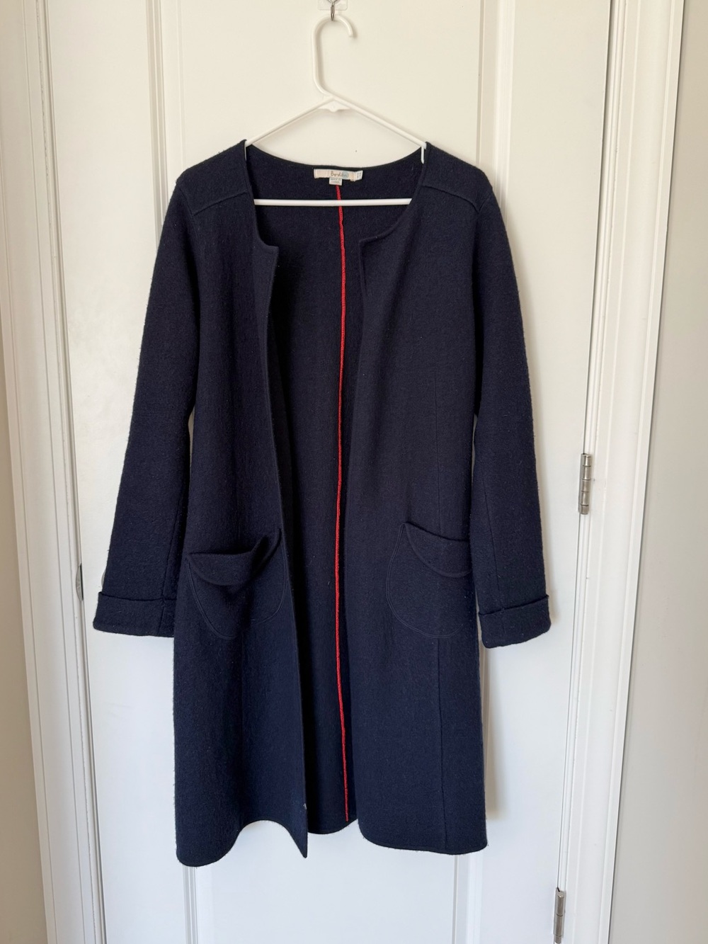 Boden Wool Navy Open-Front Coat with Red Trim